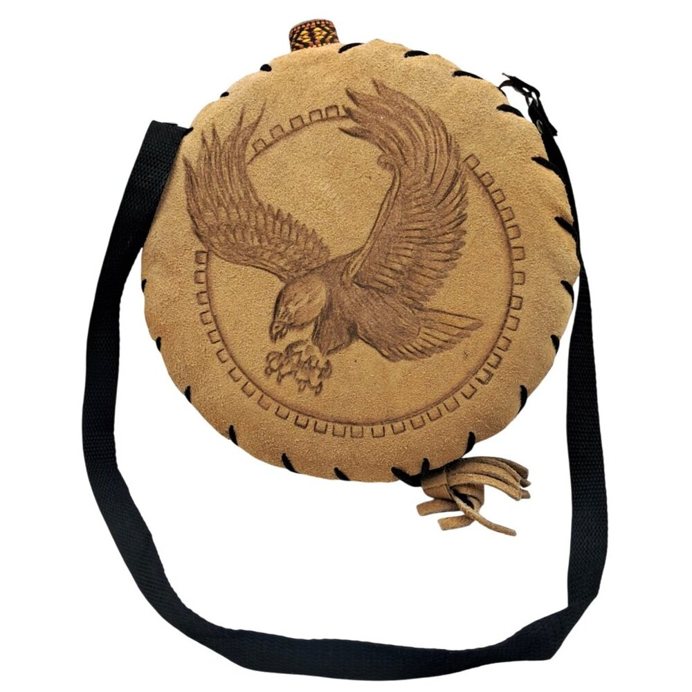 Handcrafted Canteen Round Suede Shoulder Bag With Embossed Eagle Design & Woven